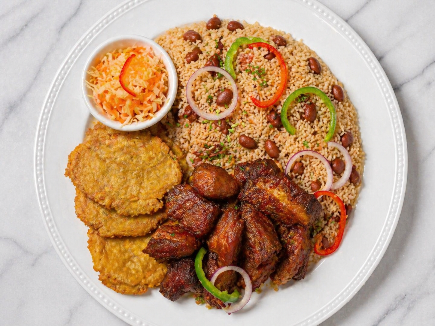Diri Kole ak Pwa with Bannann Peze and Pikliz - Haitian rice and beans plate