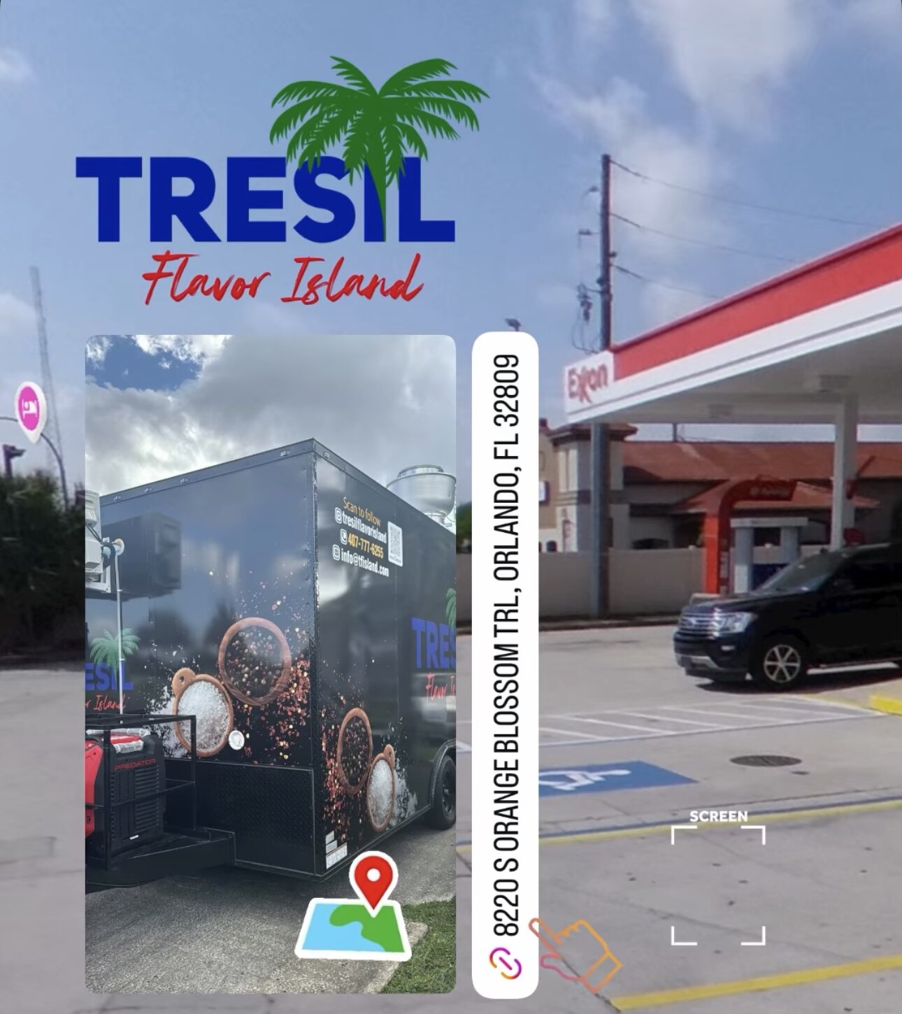 Tresil Flavor Island food truck at Exxon parking lot on OBT and Sandlake Rd, Orlando
